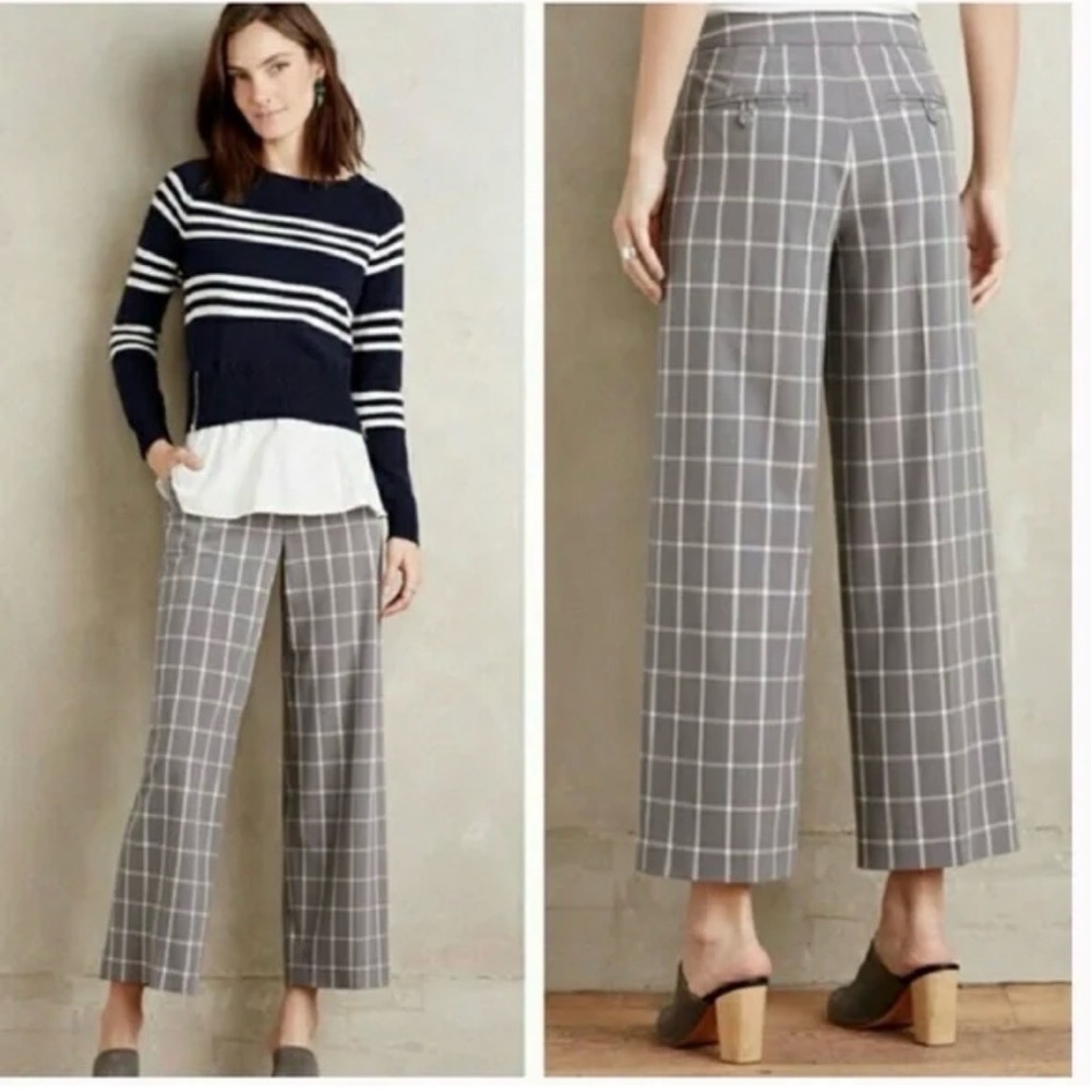 Anthropologie Cartonnier Gray Checkered plaid Wide-Leg cropped Pants women’s 6